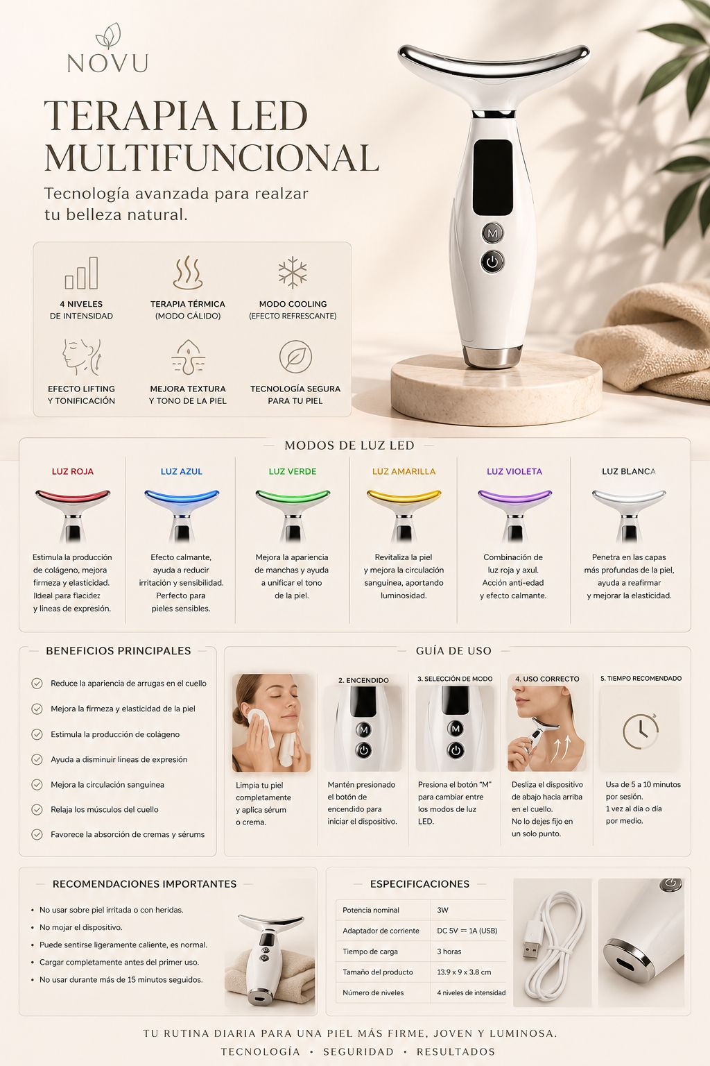 NOVU Glow — Dispositivo de Terapia LED Facial Multifuncional